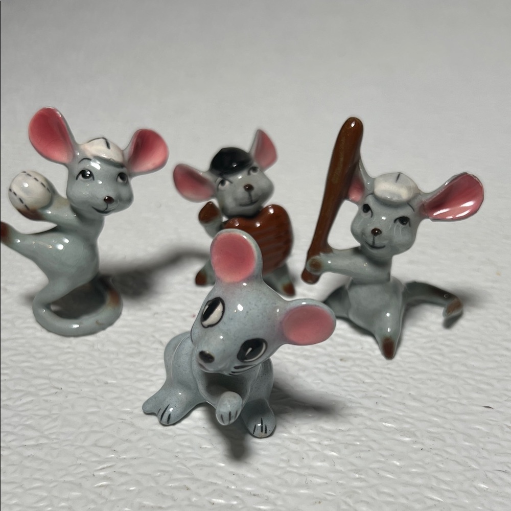 Vintage 50's Hand Painted Ceramic Sports Mice Figurines Set 4 Made Japan